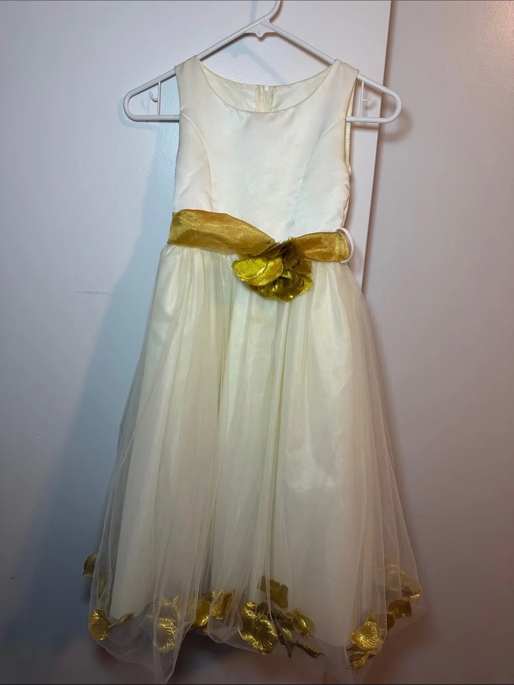 Ivory and Gold Flower-Trim Girls' Dress